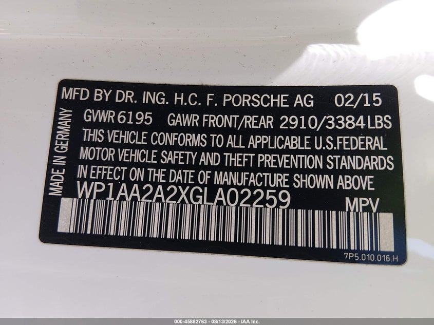 2016 Porsche Cayenne VIN WP1AA2A2XGLA02259 IAAI salvage auction — NORMAL WEAR, Original (Texas), sold $8,350 on 2026-08-29 (photo 9)