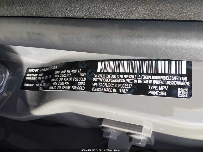 2020 Jeep Renegade VIN ZACNJBC12LPL03537 IAAI salvage auction — RIGHT SIDE, Clear (Mississippi), sold $2,675 on 2026-08-18 (photo 9)