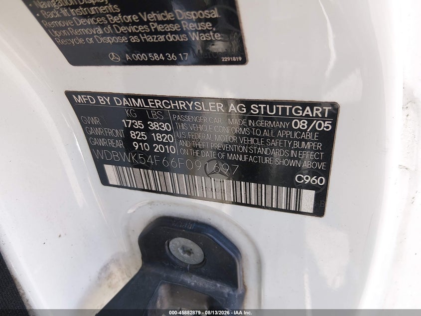 2006 Mercedes-benz Slk-klasse VIN WDBWK54F66F091697 IAAI salvage auction — NORMAL WEAR, Salvage (Florida), sold $400 on 2026-08-20 (photo 9)