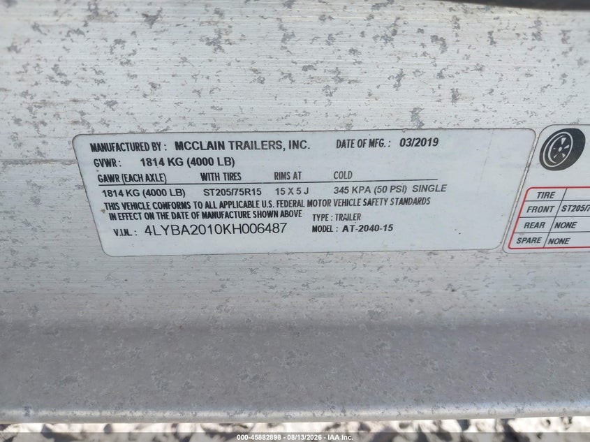 2019 Mclaren VIN 4LYBA2010KH006487 IAAI salvage auction — FRONT END, Original (Texas), sold $25 on 2026-09-01 (photo 9)