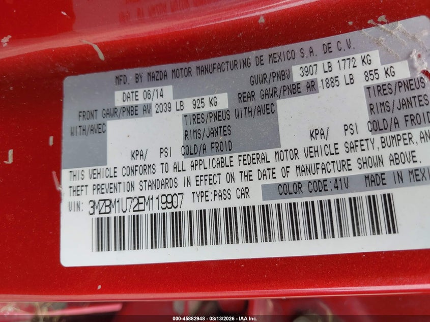 2014 Mazda 3 VIN 3MZBM1U72EM119907 IAAI salvage auction — NORMAL WEAR, Clear (Indiana), sold $3,075 on 2026-08-25 (photo 9)