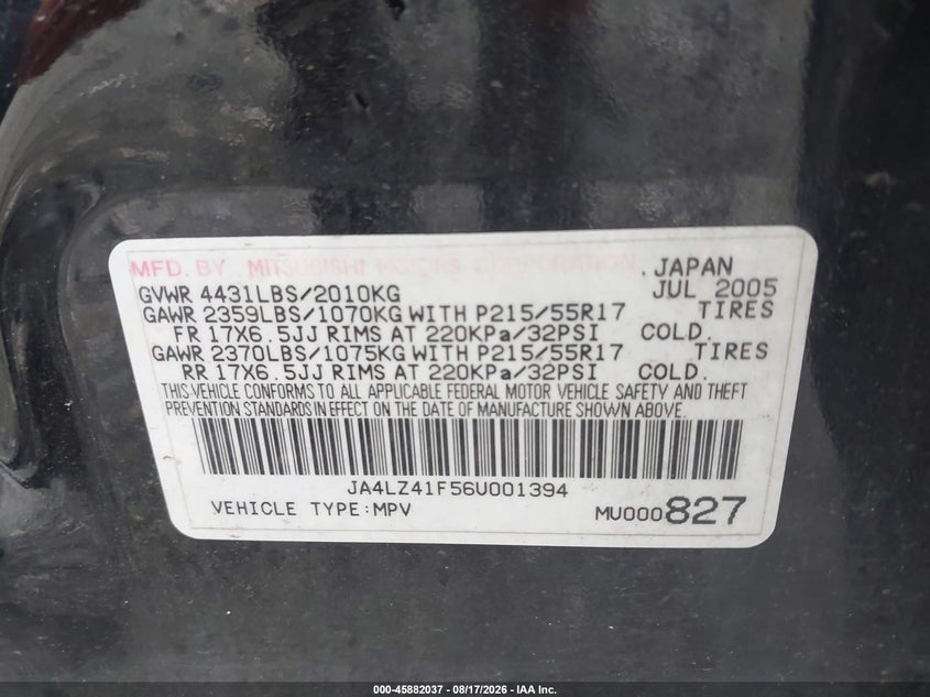 2006 Mitsubishi Outlander VIN JA4LZ41F56U001394 IAAI salvage auction — LEFT REAR, Salvage (Pennsylvania), sold $300 on 2026-08-30 (photo 9)