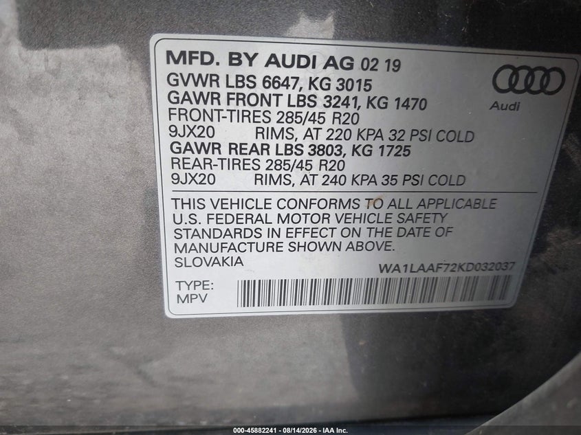 2019 Audi Q7 VIN WA1LAAF72KD032037 IAAI salvage auction — FRONT END, Clear (Wisconsin), sold $9,750 on 2026-09-02 (photo 9)