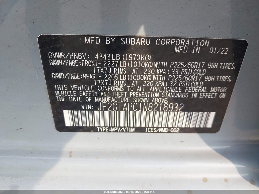 2022 Subaru Xv VIN JF2GTAPC1N8216932 IAAI salvage auction — LEFT FRONT, Salvage Title, sold $3,200 on 2026-09-30 (photo 9)