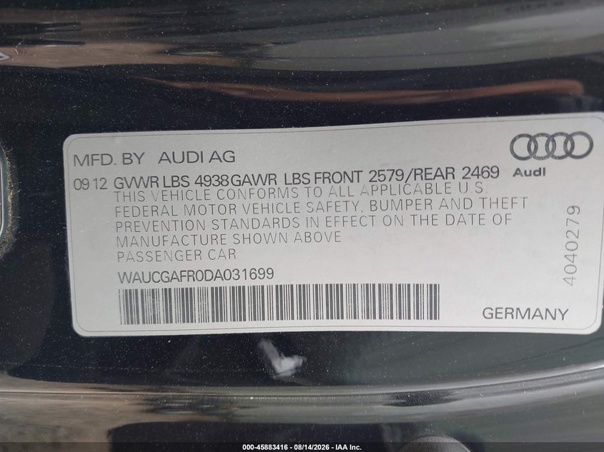 2013 Audi S5 VIN WAUCGAFR0DA031699 IAAI salvage auction — FRONT END, Wait Title, sold $4,000 on 2026-09-16 (photo 9)