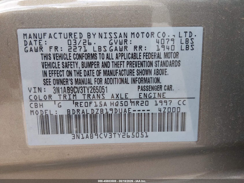 2026 Nissan Sentra VIN 3N1AB9CV3TY265051 IAAI salvage auction — REAR END, Enterprise Vehicles Clear Only (Wisconsin), sold $13,700 on 2026-08-25 (photo 9)