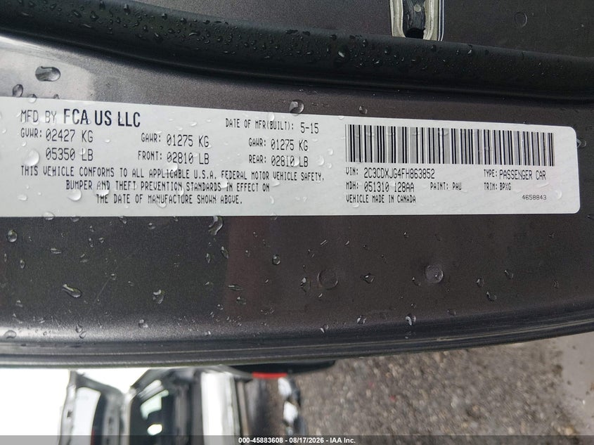 2015 Dodge Charger VIN 2C3CDXJG4FH863852 IAAI salvage auction — FRONT END, Wait Title, sold $2,250 on 2026-09-10 (photo 9)