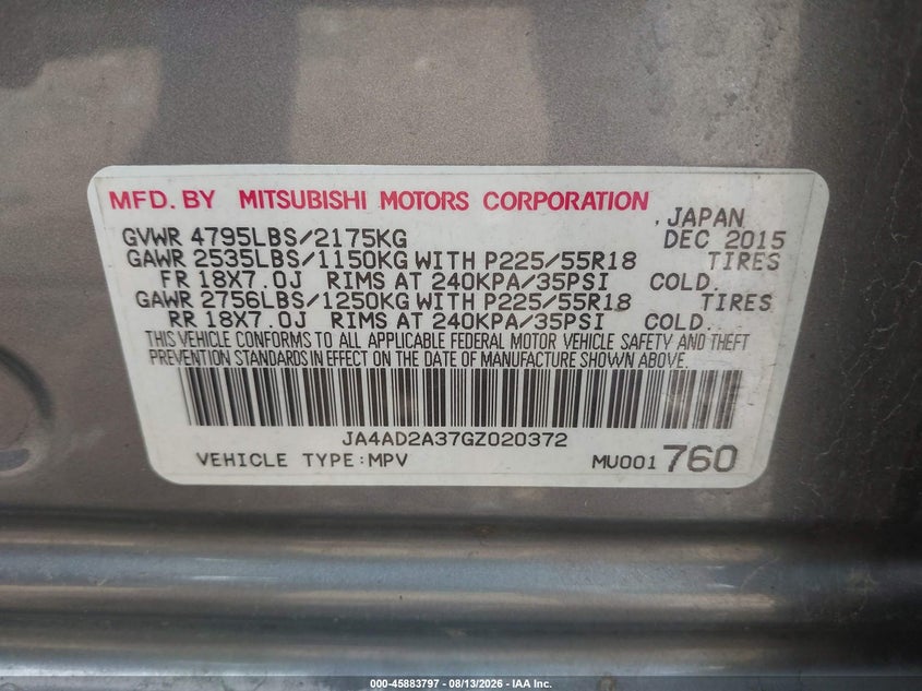 2016 Mitsubishi Outlander VIN JA4AD2A37GZ020372 IAAI salvage auction — FRONT END, Wait Title, sold $1,650 on 2026-09-10 (photo 9)