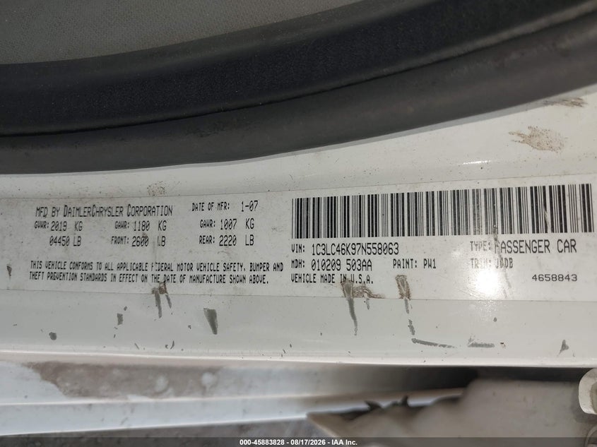 2007 Chrysler Sebring VIN 1C3LC46K97N558063 IAAI salvage auction — ROOF, Salvage (Texas), sold $250 on 2026-09-07 (photo 9)