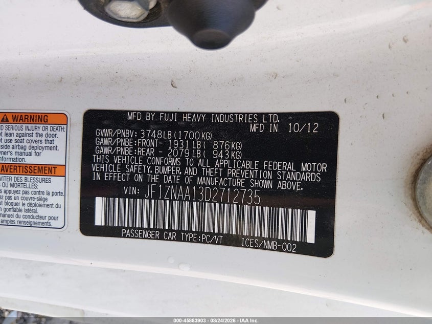 2013 Scion Fr-s VIN JF1ZNAA13D2712735 IAAI salvage auction — NORMAL WEAR, Clear (Arkansas), sold $700 on 2026-10-08 (photo 9)