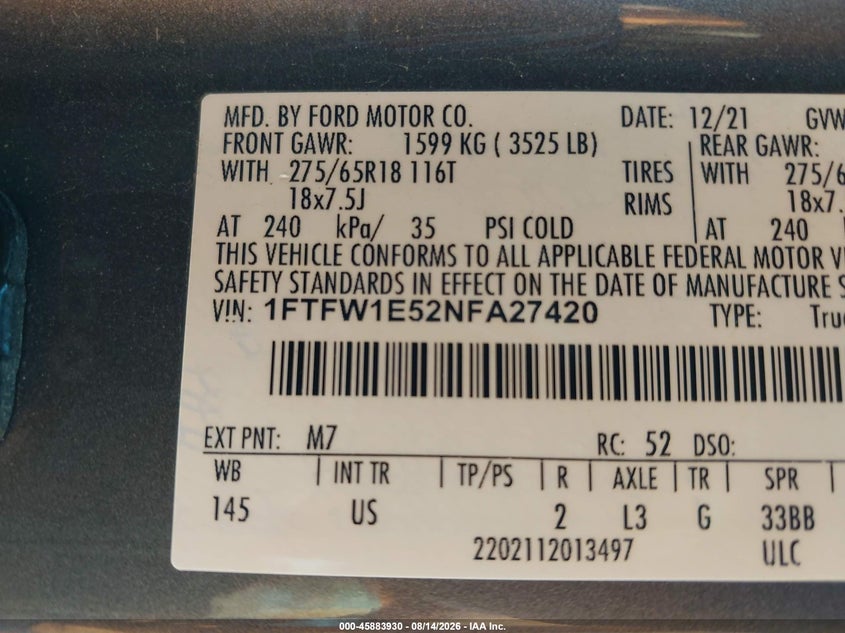 2022 Ford F-150 VIN 1FTFW1E52NFA27420 IAAI salvage auction — FRONT END, Wait Title, sold $10,500 on 2026-09-30 (photo 9)