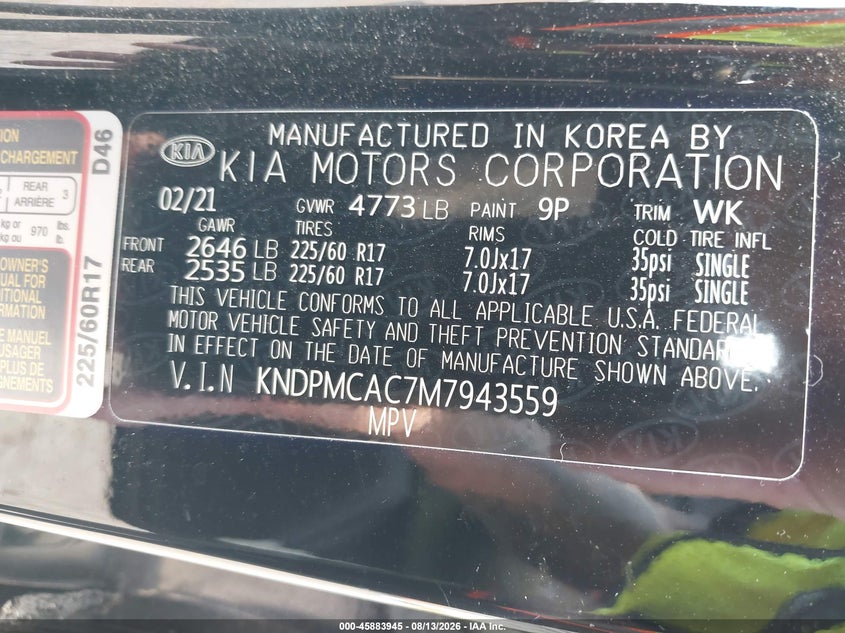 2021 Kia Sportage VIN KNDPMCAC7M7943559 IAAI salvage auction — BIOHAZARD/CHEMICAL, Salvage (Oregon), sold $5,300 on 2026-08-21 (photo 9)