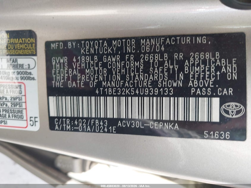 2004 Toyota Camry VIN 4T1BE32K54U939133 IAAI salvage auction — ENGINE DAMAGE, Original (Texas), sold $600 on 2026-08-26 (photo 9)