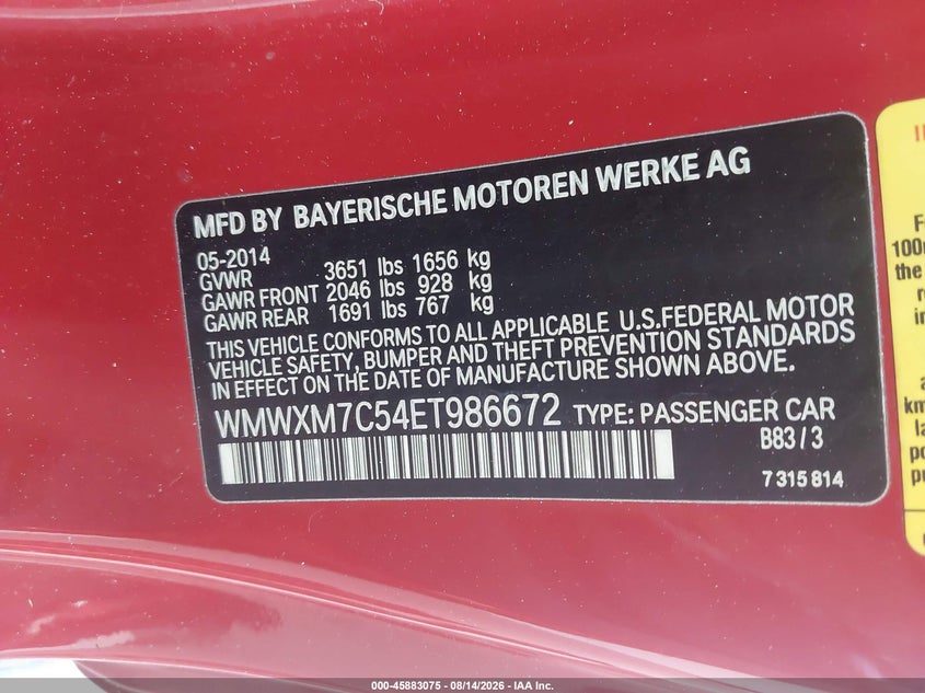 2014 Mini Hard top VIN WMWXM7C54ET986672 IAAI salvage auction — RIGHT REAR, Rebuildable (Florida), sold $850 on 2026-08-27 (photo 9)