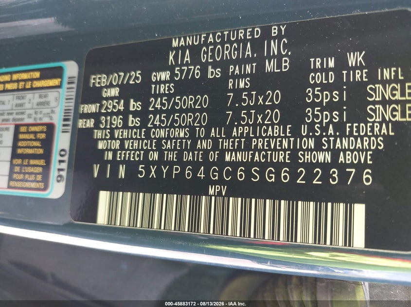 2025 Kia Telluride VIN 5XYP64GC6SG622376 IAAI salvage auction — LEFT REAR, Wait Title, sold $14,000 on 2026-08-26 (photo 9)