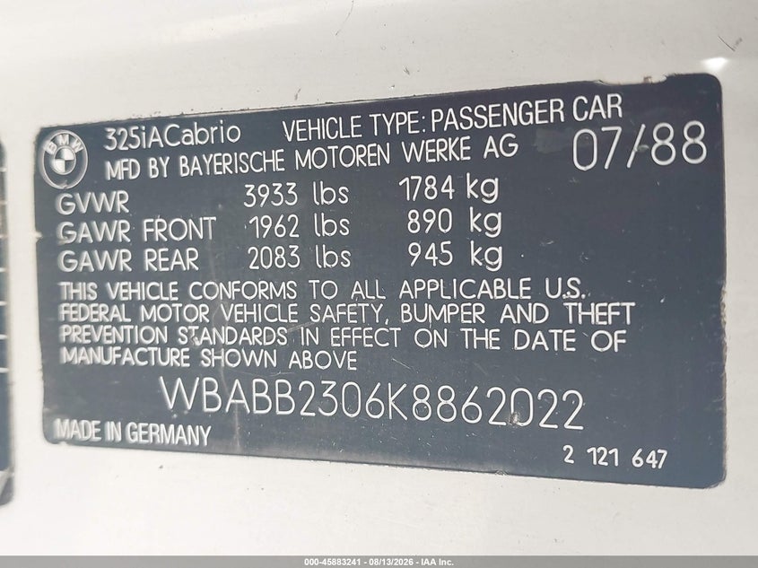 1989 BMW 3er VIN WBABB2306K8862022 IAAI salvage auction — NORMAL WEAR, Clear (Florida), sold $2,550 on 2026-08-20 (photo 9)