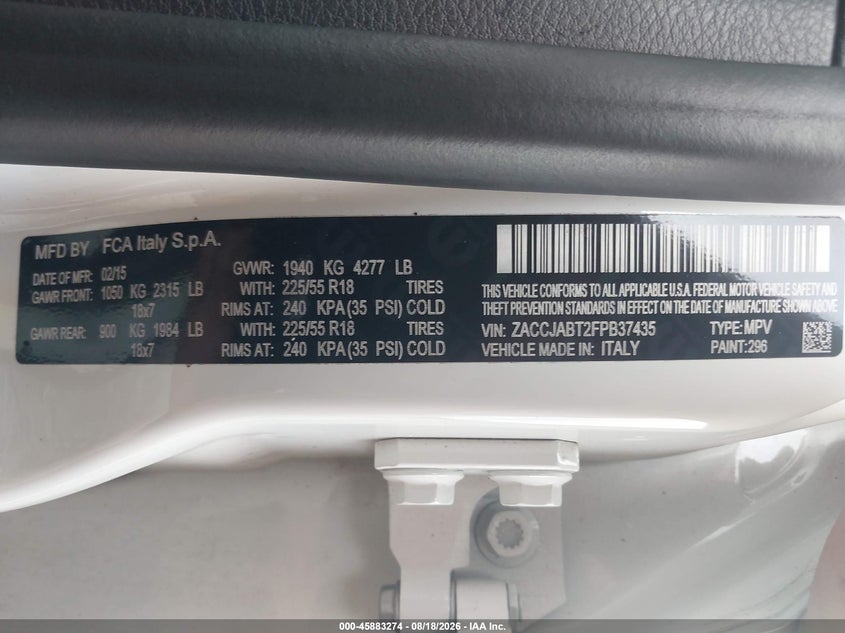 2015 Jeep Renegade VIN ZACCJABT2FPB37435 IAAI salvage auction — RIGHT SIDE, Clear (Massachusetts), sold $1,650 on 2026-08-21 (photo 9)