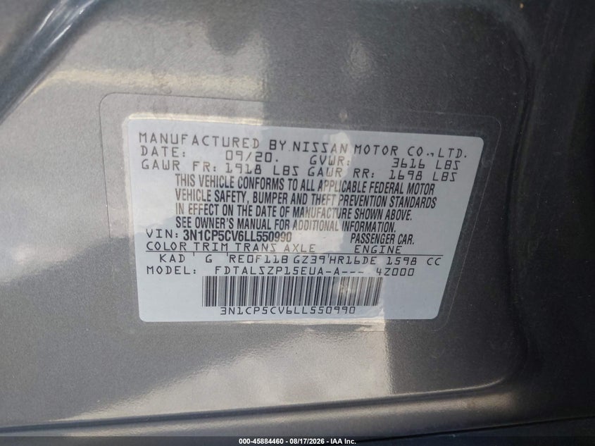 2020 Nissan Kicks VIN 3N1CP5CV6LL550990 IAAI salvage auction — FRONT END, Rebuildable (Florida), sold $2,000 on 2026-09-11 (photo 9)