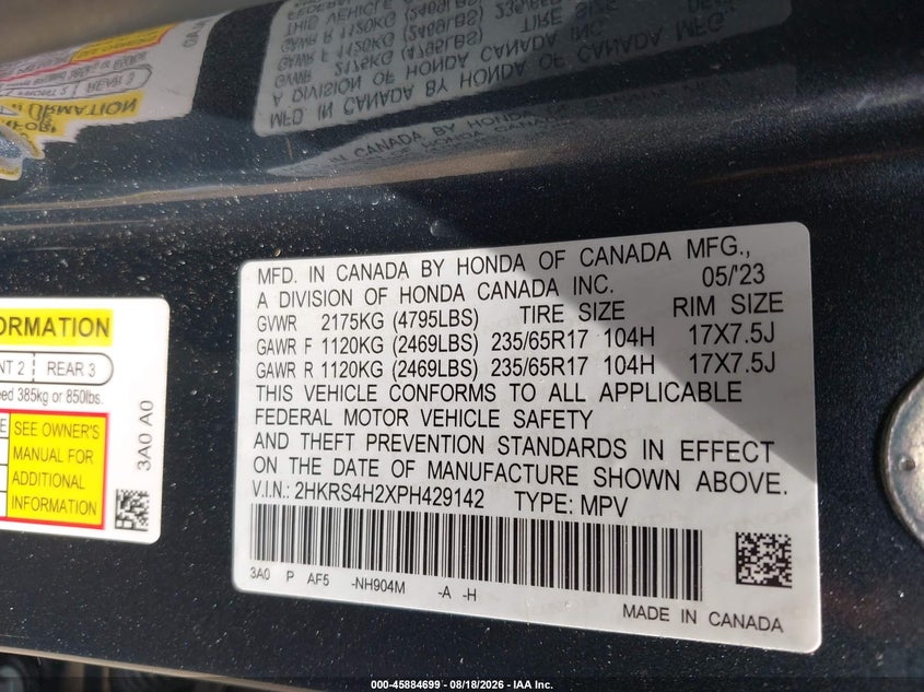 2023 Honda Cr-v VIN 2HKRS4H2XPH429142 IAAI salvage auction — FRONT END, Wait Title, sold $8,925 on 2026-09-16 (photo 9)