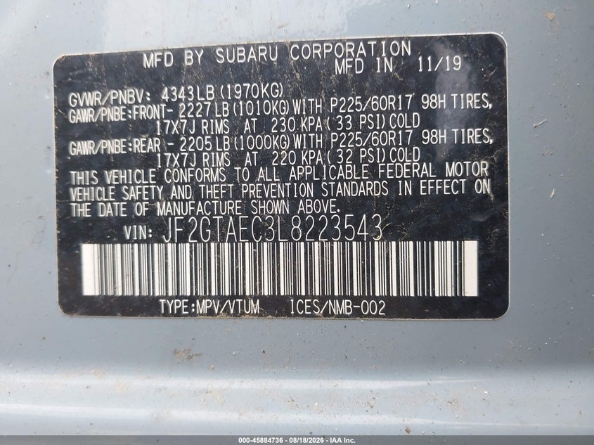 2020 Subaru Xv VIN JF2GTAEC3L8223543 IAAI salvage auction — ALL OVER, Salvage (Nebraska), sold $550 on 2026-09-10 (photo 9)
