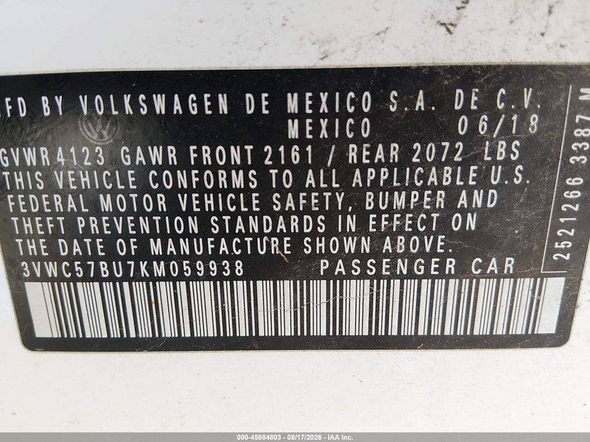 2019 Volkswagen Jetta VIN 3VWC57BU7KM059938 IAAI salvage auction — REAR END, Salvage (Kentucky), sold $2,350 on 2026-10-03 (photo 9)