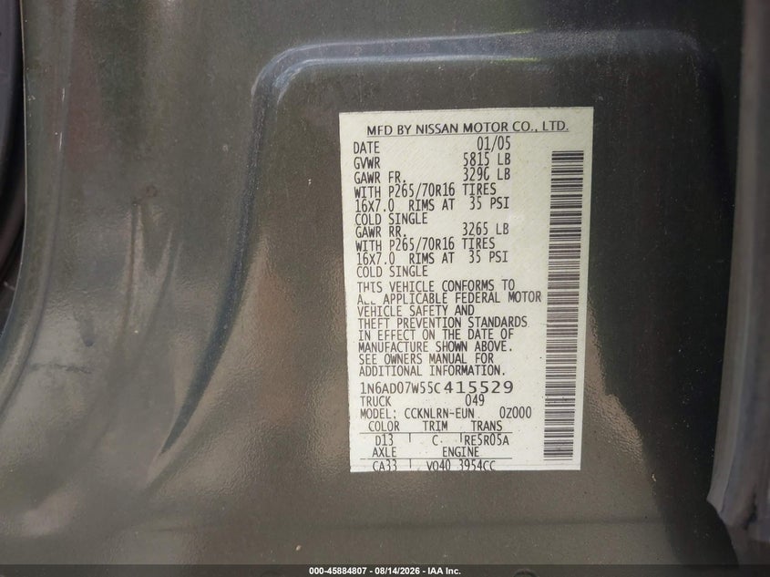 2005 Nissan Navara (frontier) VIN 1N6AD07W55C415529 IAAI salvage auction — FRESH WATER, Clear (Massachusetts), sold $675 on 2026-09-25 (photo 9)