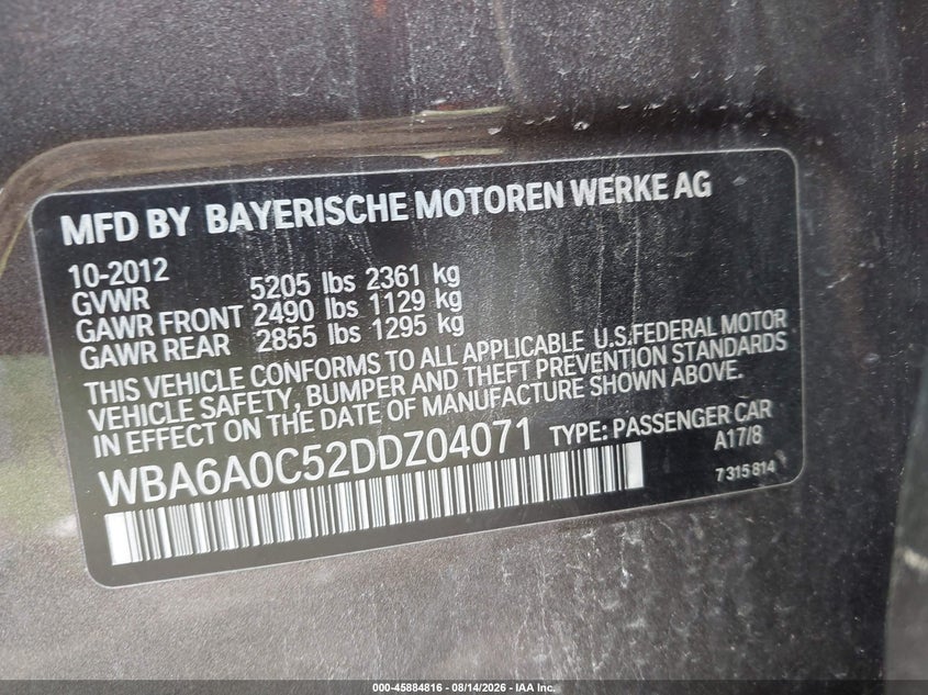 2013 BMW 6er VIN WBA6A0C52DDZ04071 IAAI salvage auction — FRONT END, Wait Title, sold $2,300 on 2026-08-20 (photo 9)