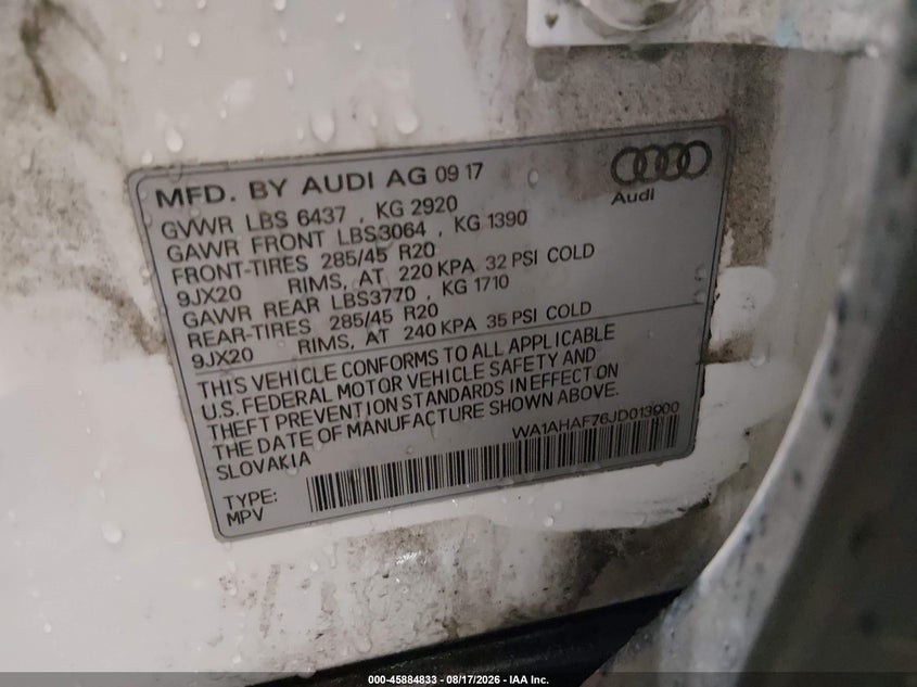 2018 Audi Q7 VIN WA1AHAF76JD013900 IAAI salvage auction — REAR END, Salvage (Idaho), sold $10,750 on 2026-09-04 (photo 9)