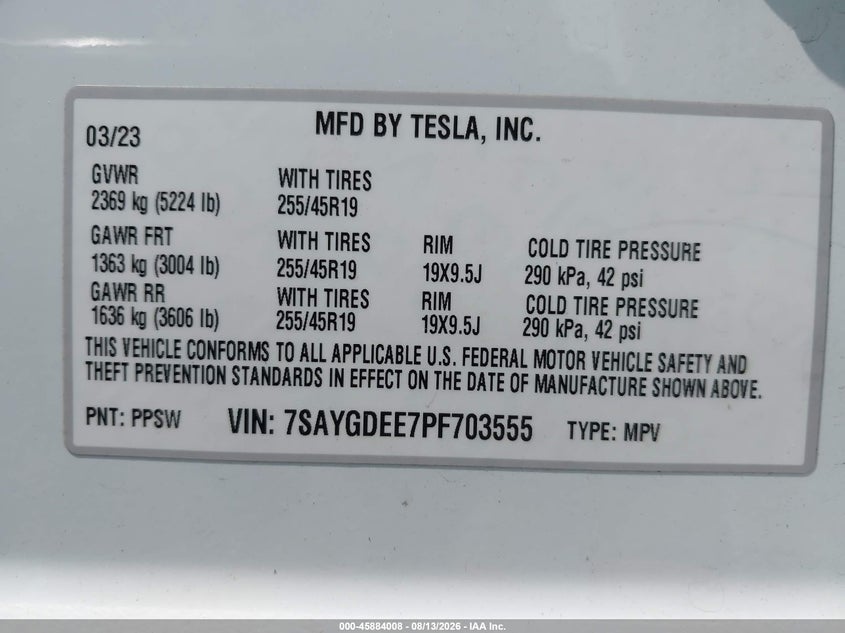 2023 Tesla Model y VIN 7SAYGDEE7PF703555 IAAI salvage auction — REAR END, Salvage (Pennsylvania), sold $16,650 on 2026-09-03 (photo 9)