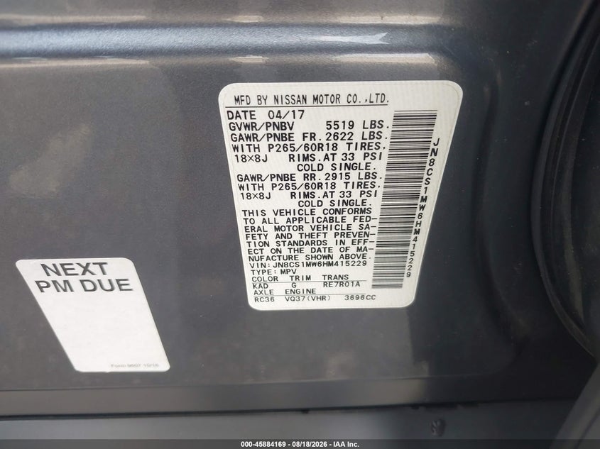 2017 Infiniti Qx70 VIN JN8CS1MW6HM415229 IAAI salvage auction — ALL OVER, Salvage (Pennsylvania), sold $3,300 on 2026-08-29 (photo 9)