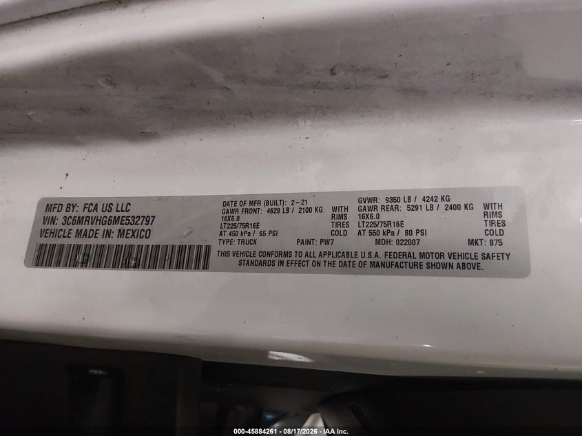 2021 Ram Promaster city VIN 3C6MRVHG6ME532797 IAAI salvage auction — FRONT END, Wait Title, sold $2,900 on 2026-09-22 (photo 9)