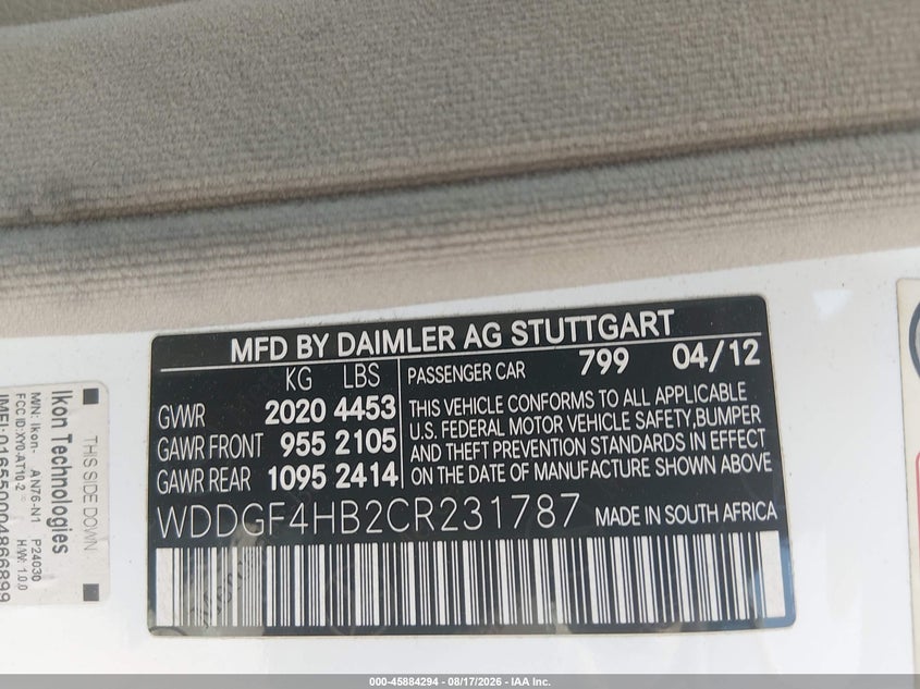 2012 Mercedes-benz C-klasse VIN WDDGF4HB2CR231787 IAAI salvage auction — THEFT, Salvage (South Carolina), sold $3,000 on 2026-09-11 (photo 9)