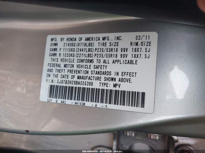 2011 Acura Rdx VIN 5J8TB2H29BA005396 IAAI salvage auction — NORMAL WEAR, Clear (New York), sold $1,325 on 2026-09-05 (photo 9)