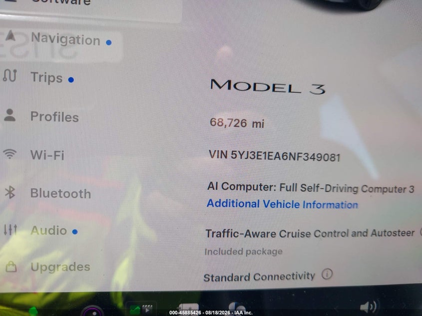 2022 Tesla Model 3 VIN 5YJ3E1EA6NF349081 IAAI salvage auction — RIGHT FRONT, Wait Title, sold $12,000 on 2026-09-16 (photo 7)
