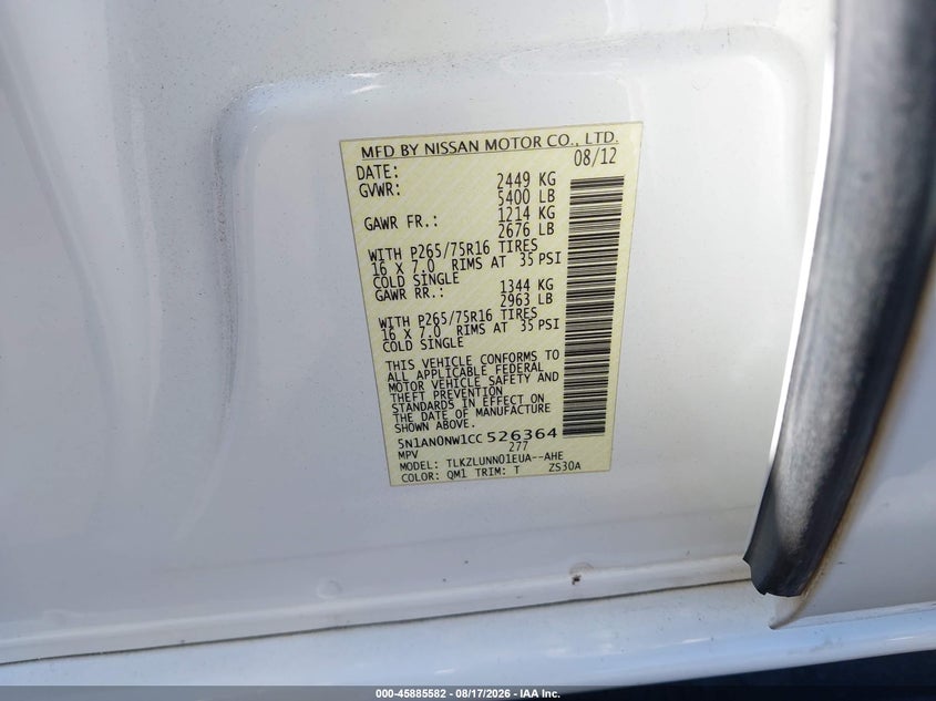 2012 Nissan Xterra VIN 5N1AN0NW1CC526364 IAAI salvage auction — FRONT END, Salvage Certificate (California), sold $1,650 on 2026-09-04 (photo 9)