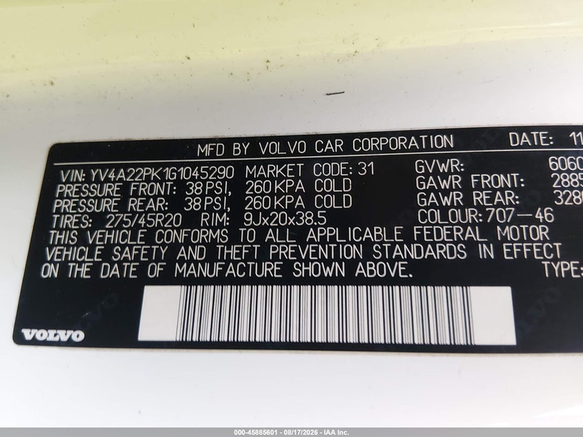 2016 Volvo Xc90 VIN YV4A22PK1G1045290 IAAI salvage auction — NORMAL WEAR, Clear (Virginia), sold $5,475 on 2026-08-20 (photo 9)