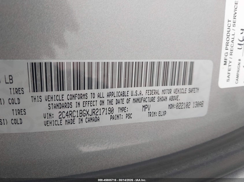 2018 Chrysler Pacifica VIN 2C4RC1BGXJR217190 IAAI salvage auction — NORMAL WEAR, Clear (Missouri), sold $950 on 2026-08-23 (photo 9)