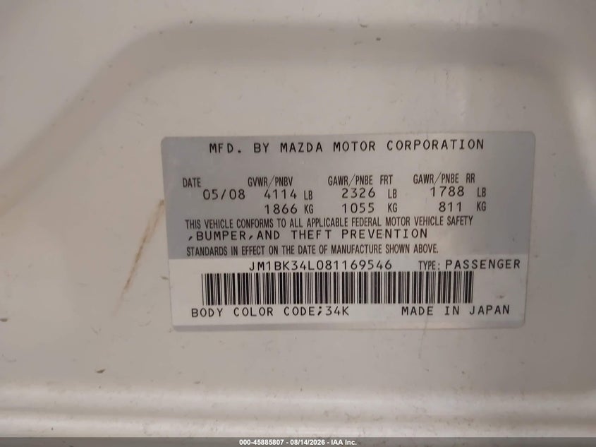 2008 Mazda 3 VIN JM1BK34L081169546 IAAI salvage auction — REAR END, Salvage (Utah), sold $800 on 2026-09-21 (photo 9)