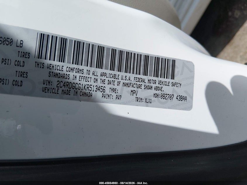 2019 Dodge Caravan VIN 2C4RDGCG1KR513456 IAAI salvage auction — FRONT END, Wait Title, sold $2,400 on 2026-09-02 (photo 9)