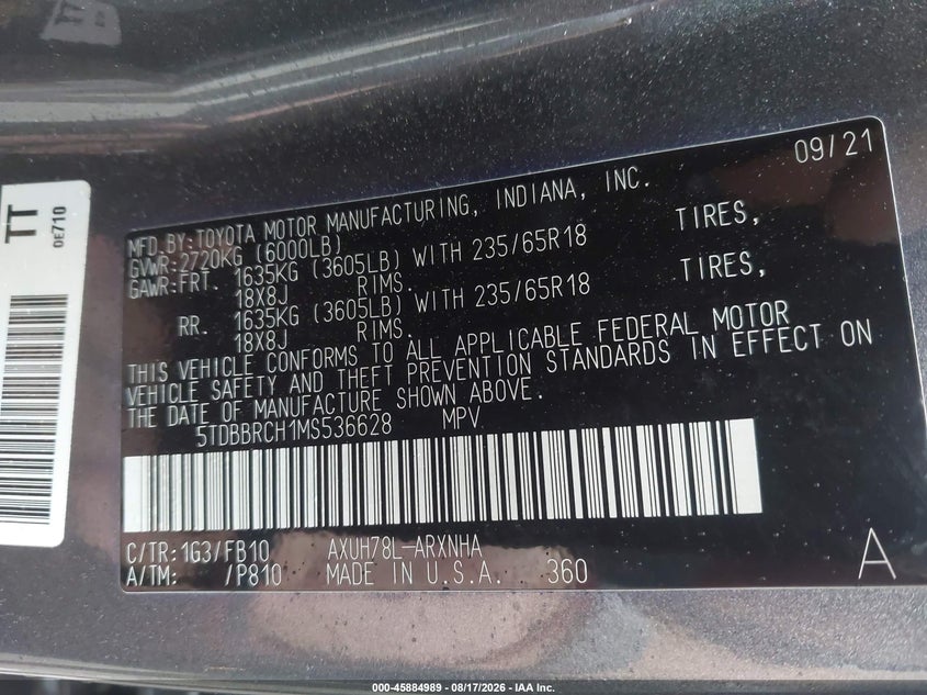 2021 Toyota Highlander VIN 5TDBBRCH1MS536628 IAAI salvage auction — RIGHT SIDE, Salvage (Massachusetts), sold $16,300 on 2026-10-16 (photo 9)