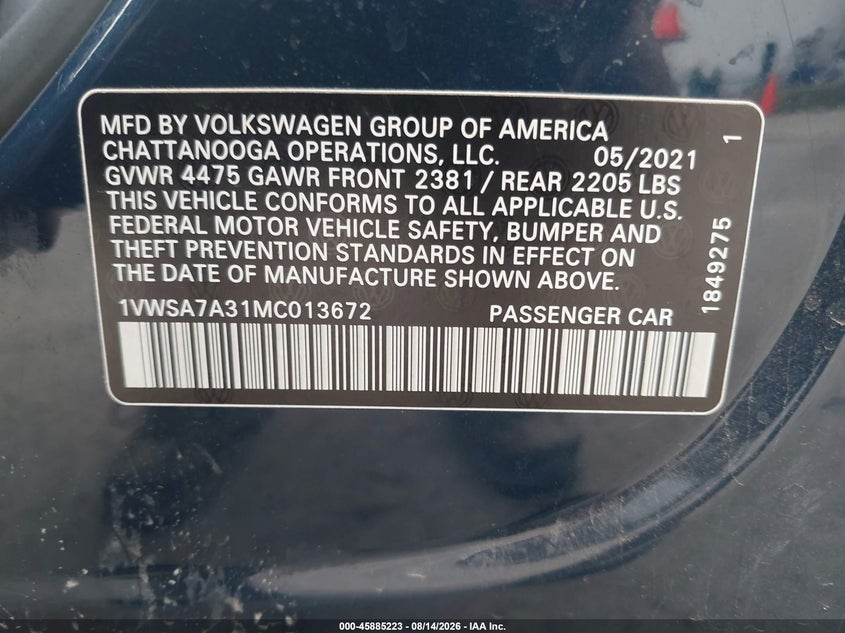 2021 Volkswagen Passat VIN 1VWSA7A31MC013672 IAAI salvage auction — SIDE, Salvage (Pennsylvania), sold $3,575 on 2026-09-02 (photo 9)