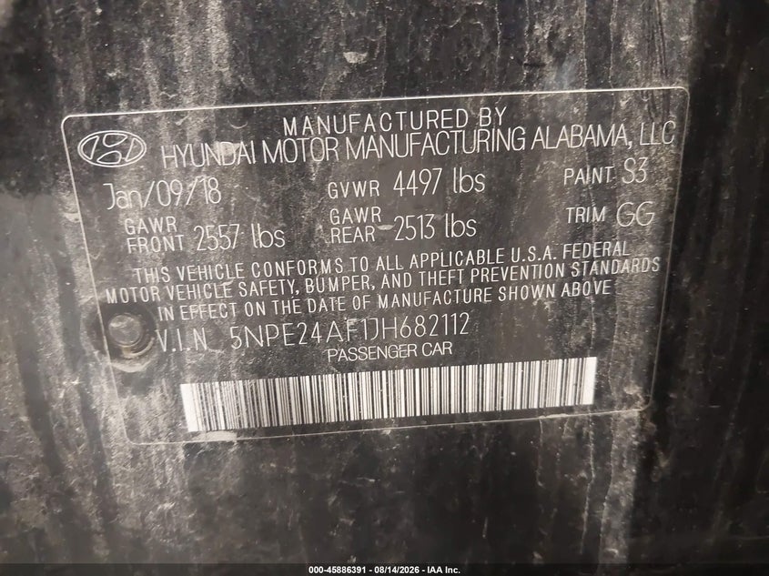2018 Hyundai Sonata VIN 5NPE24AF1JH682112 IAAI salvage auction — RIGHT SIDE, Rebuildable (Florida), sold $850 on 2026-08-24 (photo 9)