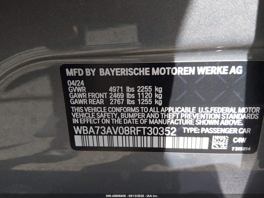 2024 BMW 4er VIN WBA73AV08RFT30352 IAAI salvage auction — NORMAL WEAR, Clear (Oklahoma), sold $18,400 on 2026-09-08 (photo 9)