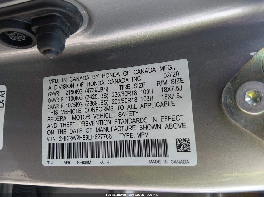 2020 Honda Cr-v VIN 2HKRW2H89LH627766 IAAI salvage auction — ROLLOVER, Salvage - Greater Than 75% (Maryland), sold $8,200 on 2026-08-22 (photo 9)