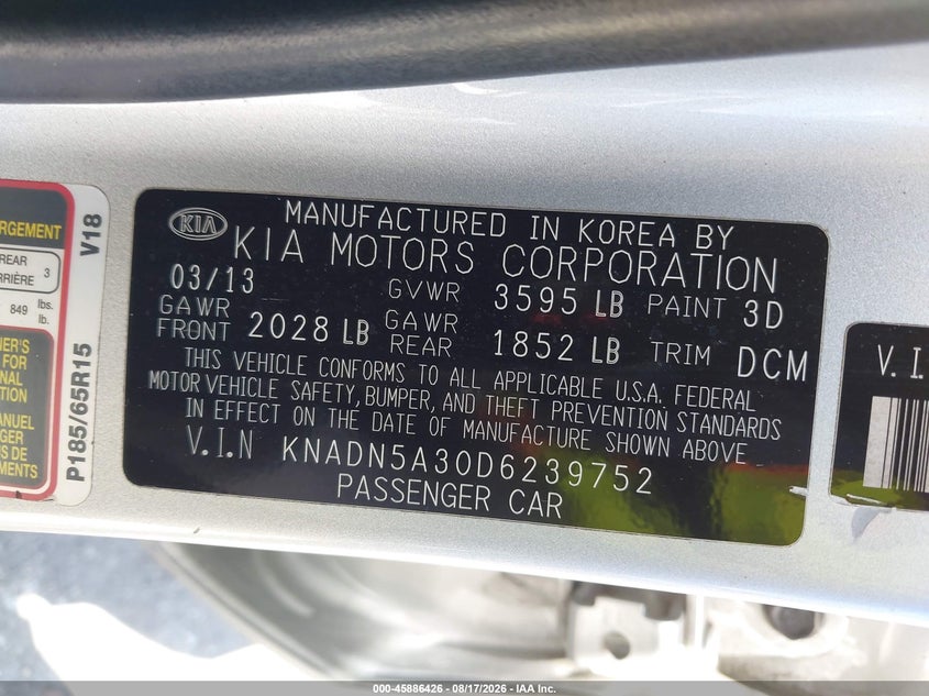 2013 Kia Rio VIN KNADN5A30D6239752 IAAI salvage auction — RIGHT FRONT, Salvage (Arizona), sold $750 on 2026-09-08 (photo 9)