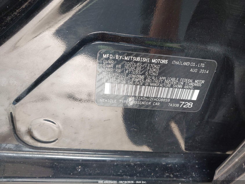 2015 Mitsubishi Mirage VIN ML32A3HJ2FH008859 IAAI salvage auction — FRONT END, Salvage (Arizona), sold $1,175 on 2026-09-05 (photo 9)