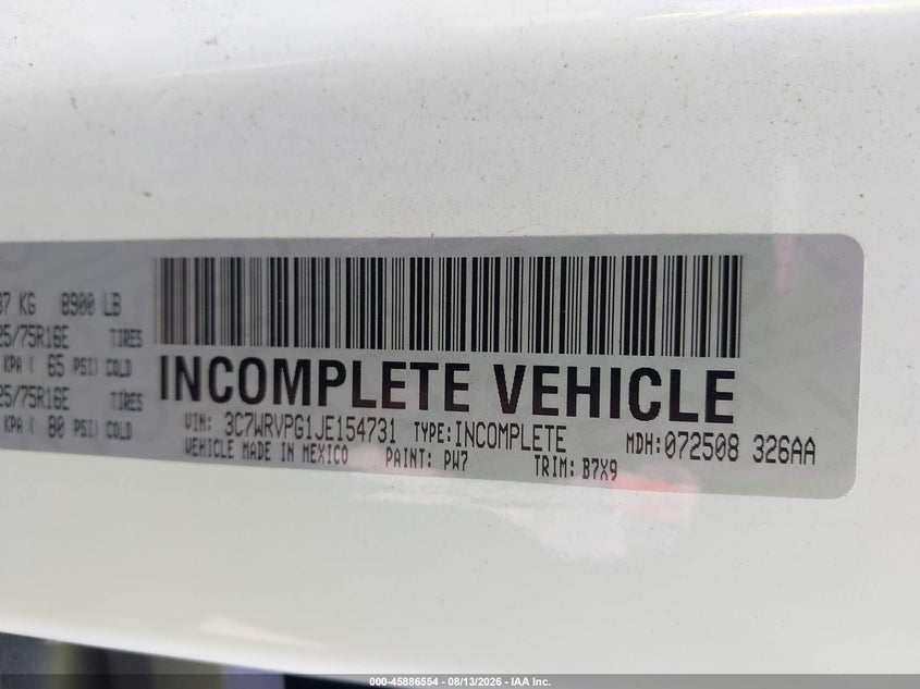 2018 Ram Promaster city VIN 3C7WRVPG1JE154731 IAAI salvage auction — NORMAL WEAR, Sf97 (New York), sold $18,100 on 2026-09-08 (photo 9)