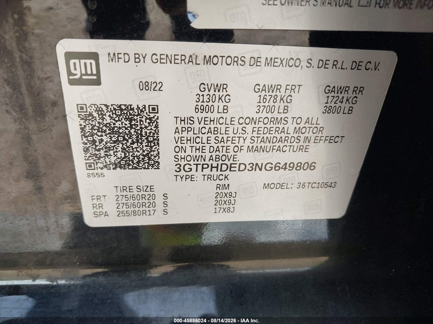2022 Gmc Sierra 1500 VIN 3GTPHDED3NG649806 IAAI salvage auction — REPOSSESSION, Clear (Louisiana), sold $23,100 on 2026-08-20 (photo 9)
