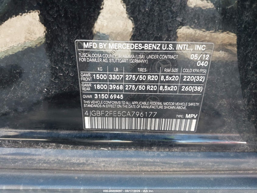 2012 Mercedes-benz VIN 4JGBF2FE5CA796177 IAAI salvage auction — NORMAL WEAR, Clear-Endorsement (Wisconsin), sold $25 on 2026-08-27 (photo 9)