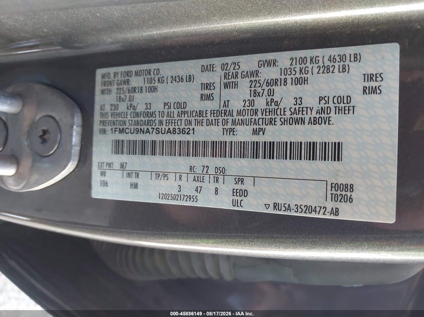 2025 Ford Escape VIN 1FMCU9NA7SUA83621 IAAI salvage auction — FRONT END, Enterprise Veh. Bill Of Sale -Parts Only (Washington), sold $2,000 on 2026-08-23 (photo 9)